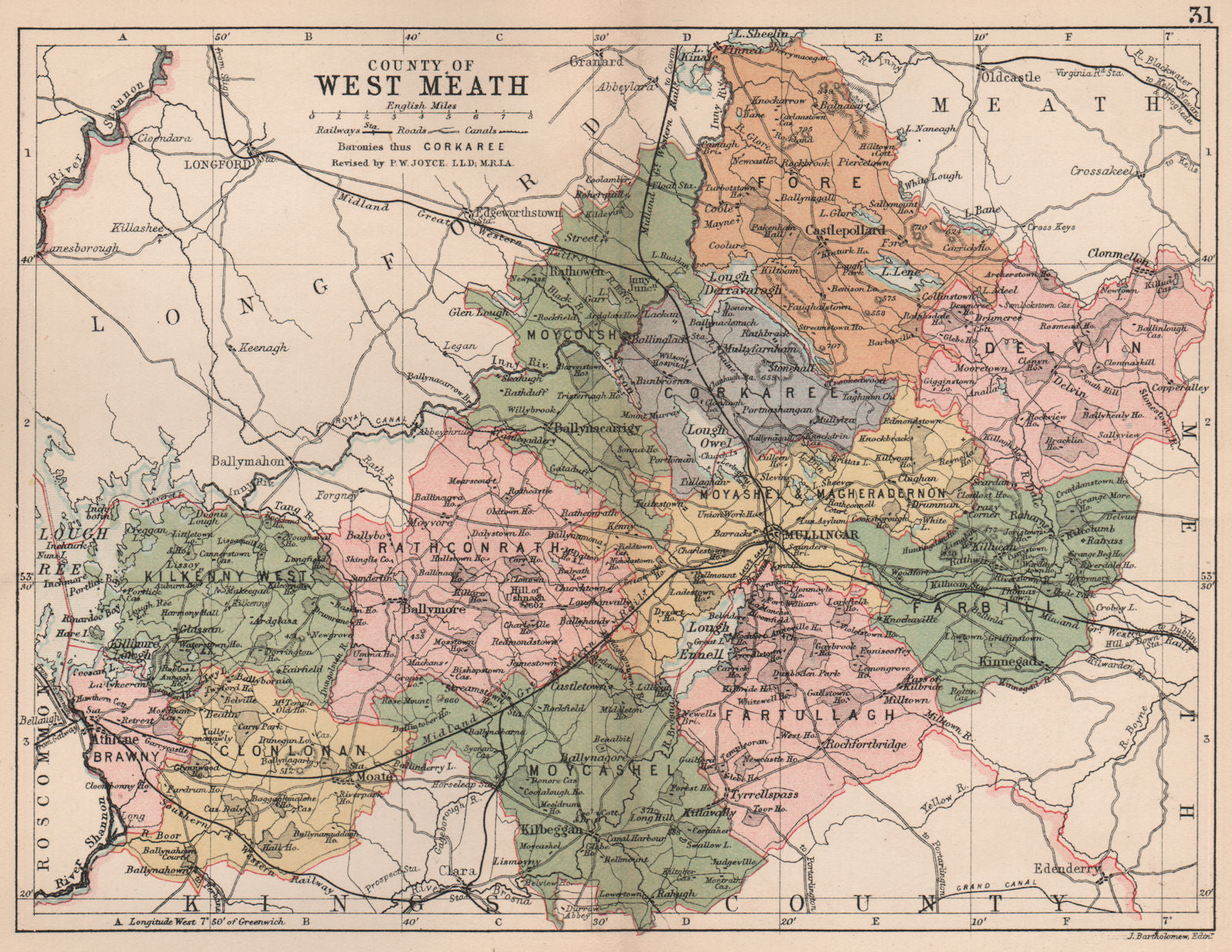 COUNTY WESTMEATH. Antique county map. Leinster. Ireland. BARTHOLOMEW 1882
